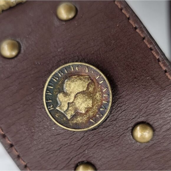 Brown Leather Belt with Studded Coin Accents Medalion Buckle Boho Western - Picture 4 of 11